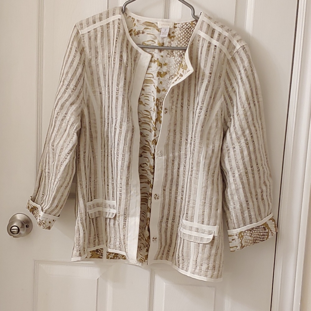 Chico's cream snakeskin pattern linen jacket sz 2